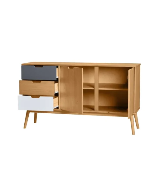 Aparador 2 puertas 3 cajones Cupido acabado natural, 140 cm (Ancho) 40 cm (Fondo) 80 cm (Alto