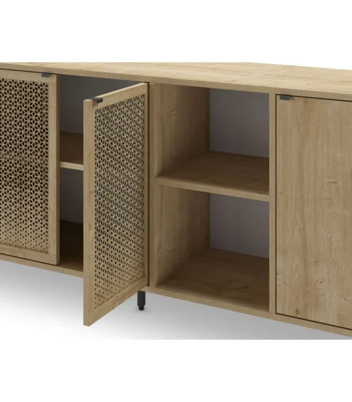 Aparador 4 puertas 2 huecos India acabado roble/negro, 80.3cm(alto) 203.8cm(ancho) 40cm(largo)
