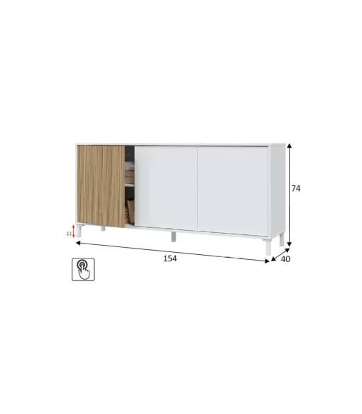 Aparador 3 puertas Tempo acabado natural/blanco. 74 cm(alto), 154 cm(ancho), 40 cm(largo)
