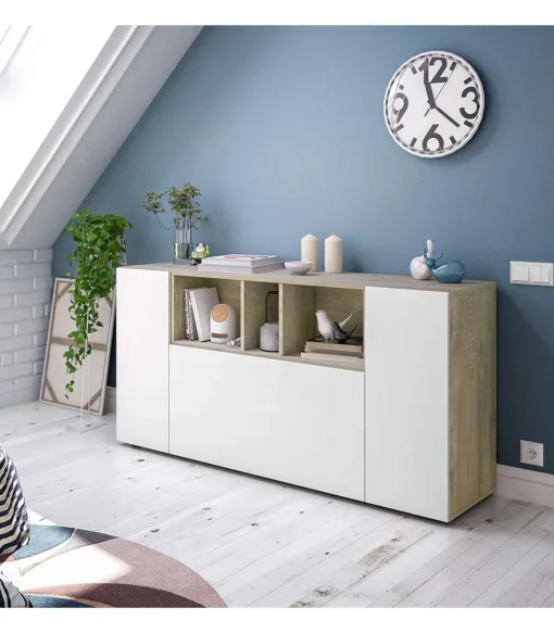 Aparador Maud 3 puertas blanco roble Alaska 76 cm (alto) x 150 cm (ancho) x 41 cm (prof.)