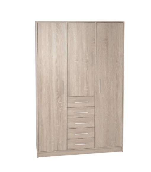 Armario 3 puertas abatibles 5 cajones acabado roble, 200 cm(alto)130 cm(ancho)50 cm(fondo)