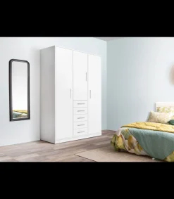 Armario 3 puertas abatibles 5 cajones acabado blanco, 200 cm(alto)130 cm(ancho)50 cm(fondo)