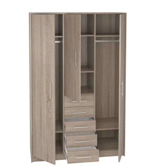 Armario 3 puertas abatibles 5 cajones acabado roble, 200 cm(alto)130 cm(ancho)50 cm(fondo)