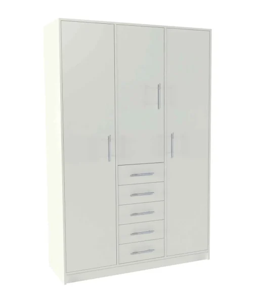 Armario 3 puertas abatibles 5 cajones acabado blanco, 200 cm(alto)130 cm(ancho)50 cm(fondo)