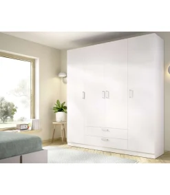 Armario 4 puertas abatibles 2 cajones acabado blanco, 216.5cm(alto) 201cm(ancho) 52cm(fondo)