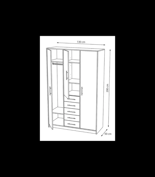 Armario 3 puertas abatibles 5 cajones acabado blanco, 200 cm(alto)130 cm(ancho)50 cm(fondo)