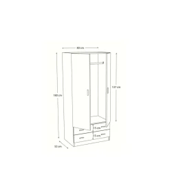 Armario 2 puertas abatibles 2 cajones acabado blanco, 180 cm(alto)80,4 cm(ancho)52 cm(fondo)