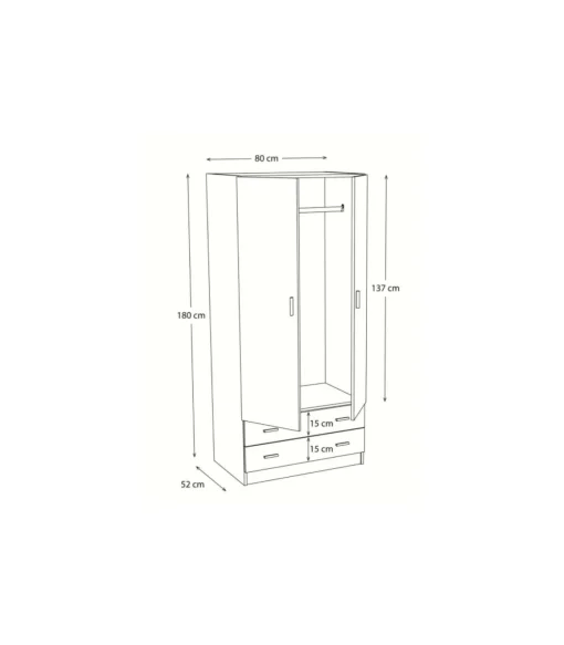 Armario 2 puertas abatibles 2 cajones acabado blanco, 180 cm(alto)80,4 cm(ancho)52 cm(fondo)