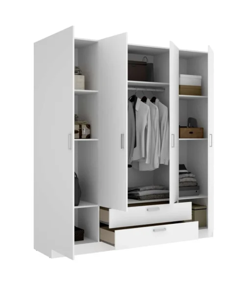 Armario 4 puertas abatibles 2 cajones acabado blanco, 216.5cm(alto) 201cm(ancho) 52cm(fondo)