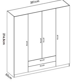 Armario 4 puertas abatibles 2 cajones acabado blanco, 216.5cm(alto) 201cm(ancho) 52cm(fondo)