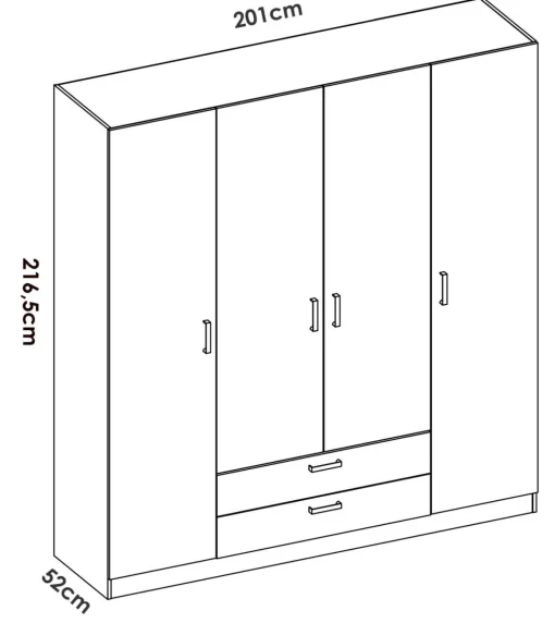Armario 4 puertas abatibles 2 cajones acabado blanco, 216.5cm(alto) 201cm(ancho) 52cm(fondo)