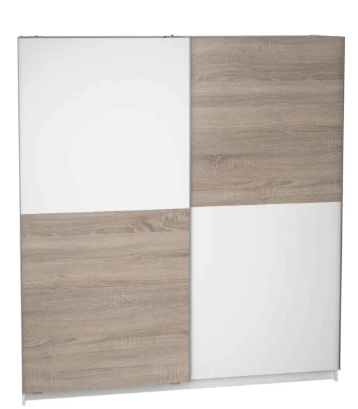 Armario 2 puertas correderas acabado en blanco/roble, 200 cm(alto)180 cm(ancho)60 cm(fondo)