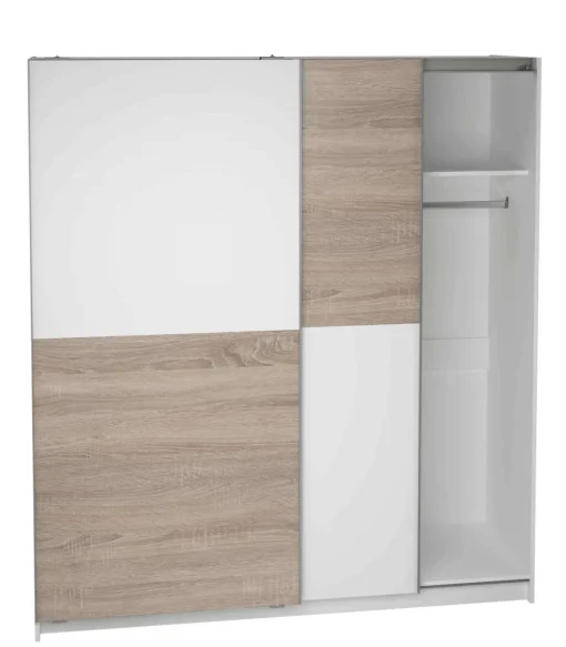 Armario 2 puertas correderas acabado en blanco/roble, 200 cm(alto)180 cm(ancho)60 cm(fondo)