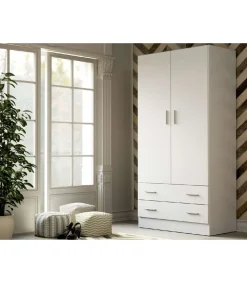 Armario ropero 2 puertas abatibles 2 cajones Lorena acabado blanco, 196cm(alto) 100cm(ancho) 50cm(largo)