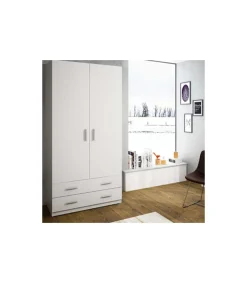 Armario ropero 2 puertas abatibles 2 cajones Lorena acabado blanco, 196cm(alto) 100cm(ancho) 50cm(largo)