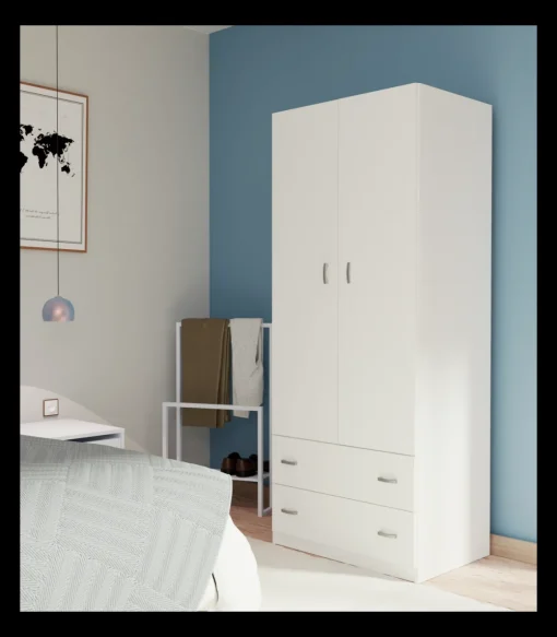 Armario ropero 2 puertas abatibles y 2 cajones Turin acabado blanco, 180 cm(alto)74 cm(ancho)50 cm(fondo)