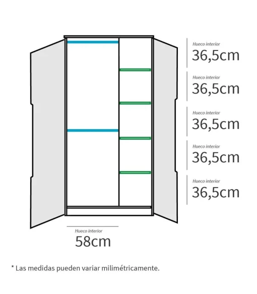 Armario ropero 2 puertas abatibles Noa acabado roble gold, 100cm(ancho) 200cm(altura) 57cm(fondo)