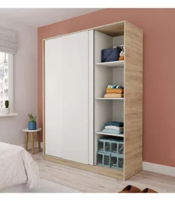 Armario ropero 3 puertas correderas Tibet acabado roble cambrian-blanco, 200 cm(alto)150 cm(ancho)55 cm(fondo)