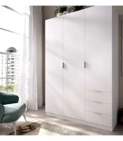 Armario ropero Marcela 3 puertas abatibles y 3 cajones en blanco 184 cm(alto)121 cm(ancho)52 cm(largo