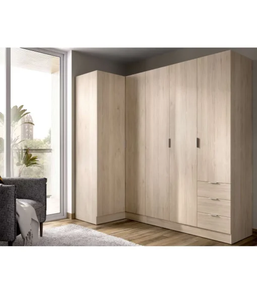 Armario ropero rincón puertas abatibles Jaén I acabado natural, 184 cm(alto)213.5 cm(ancho)90.5 cm(largo)