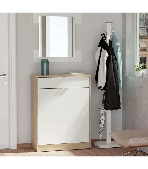 Armario Zapatero o recibidor Berlin en blanco y roble. 75 cm(ancho) 101 cm(altura) 36 cm(fondo)