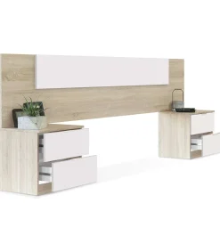 Cabecero + 2 mesitas modelo Noon Plus acabado roble/ blanco artic.