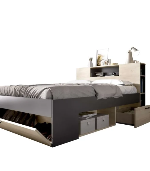 Cama compacta matrimonio Pozo Alcón en natural/grafito 95cm(alto) 147cm(ancho) 219cm(largo)