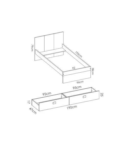 Cama con dos cajones Santisteban 90 cm para dormitorio juvenil 79 cm(alto)97 cm(ancho)196 cm(largo)