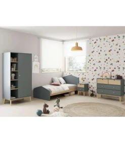 Cama juvenil Estela acabado verde kaki/cera blanca, 90cm(alto) 100cm(ancho) 195.4cm(fondo)