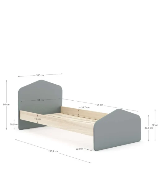 Cama juvenil Estela acabado verde kaki/cera blanca, 90cm(alto) 100cm(ancho) 195.4cm(fondo)