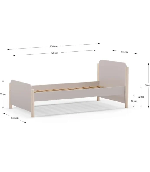 Cama juvenil modelo Emma acabado crema/cera blanca, 70cm(alto) 107cm(ancho) 199cm(fondo)
