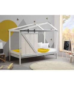 Cama juvenil tipo cabaña modelo Tara acabado blanco con tonos grises, 208.6cm(largo) 105cm(ancho) 183.5cm(alto).