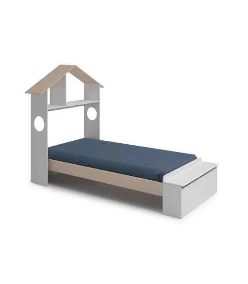 Cama juvenil tipo cabaña modelo ERIC acabado blanco/cera, 216.5cm(largo) 128.5cm(ancho) 153cm(alto).