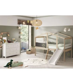 Cama juvenil tipo cabaña modelo IKER acabado blanco/cera, 204.9cm(largo) 97.1cm(ancho) 147cm(alto).