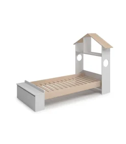 Cama juvenil tipo cabaña modelo ERIC acabado blanco/cera, 216.5cm(largo) 128.5cm(ancho) 153cm(alto).