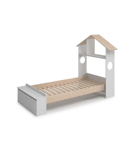 Cama juvenil tipo cabaña modelo ERIC acabado blanco/cera, 216.5cm(largo) 128.5cm(ancho) 153cm(alto).