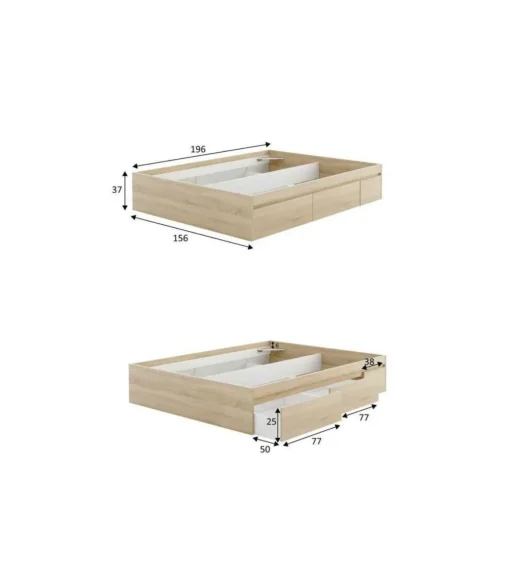 Cama matrimonio Modelo Beli con 4 cajones acabado roble canadian. Para colchón 150x190 cm.