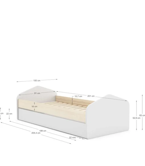 Cama nido juvenil Estela acabado blanco/cera blanca, 65cm(alto) 100cm(ancho) 205.4cm(fondo)