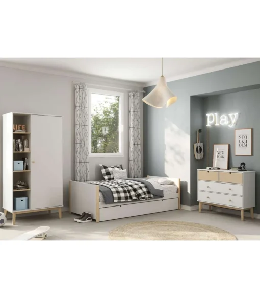 Cama nido juvenil Tiana con somier acabado blanco/natural 62 cm(alto) 200 cm(ancho) 98.5 cm(fondo)