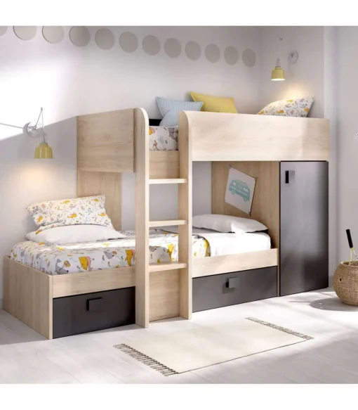 Cama tren Baeza montaje reversible en natural-grafito 150 cm(alto)255 cm(ancho)110 cm(largo)