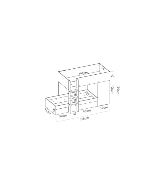 Cama tren Baeza montaje reversible en natural-grafito 150 cm(alto)255 cm(ancho)110 cm(largo)