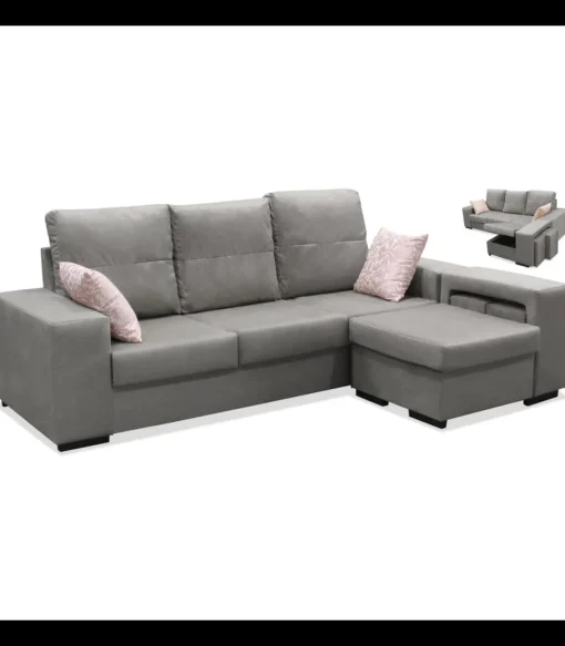 Chaiselongue reversible Bea color gris con dos taburetes, 230 cm (Ancho) x 155 cm (Fondo) x 92 cm (Alto)