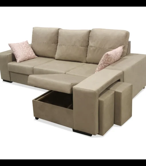 Chaiselongue reversible Bea Beige con dos taburetes, 230 cm (Ancho) x 155 cm (Fondo) x 92 cm (Alto)