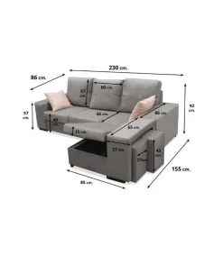 Chaiselongue reversible Bea color gris con dos taburetes, 230 cm (Ancho) x 155 cm (Fondo) x 92 cm (Alto)