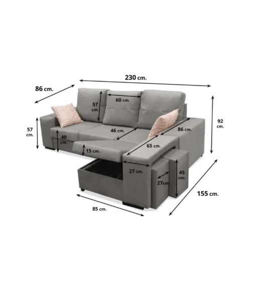 Chaiselongue reversible Bea color gris con dos taburetes, 230 cm (Ancho) x 155 cm (Fondo) x 92 cm (Alto)