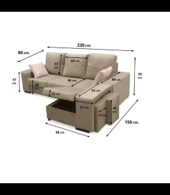 Chaiselongue reversible Bea Beige con dos taburetes, 230 cm (Ancho) x 155 cm (Fondo) x 92 cm (Alto)