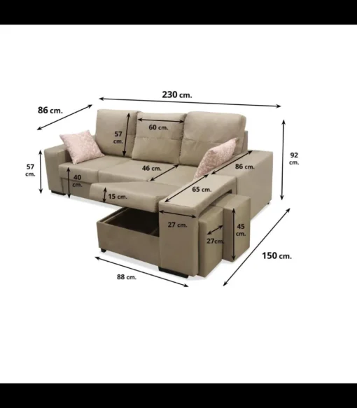 Chaiselongue reversible Bea Beige con dos taburetes, 230 cm (Ancho) x 155 cm (Fondo) x 92 cm (Alto)