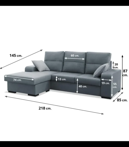 Chaiselongue reversible Nata color gris, 218cm(ancho) 145cm(fondo) 87cm(alto)