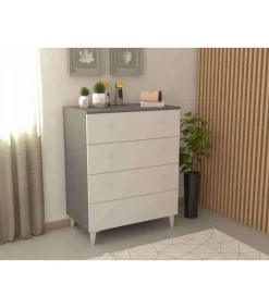 Cómoda 4 cajones Luna acabado gris parís/blanco. 100.4cm(alto), 80cm(ancho), 48cm(fondo)