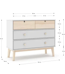 Cómoda 4 cajones modelo Estela acabado blanco/cera blanca, 81cm(alto) 100cm(ancho) 40cm(largo)